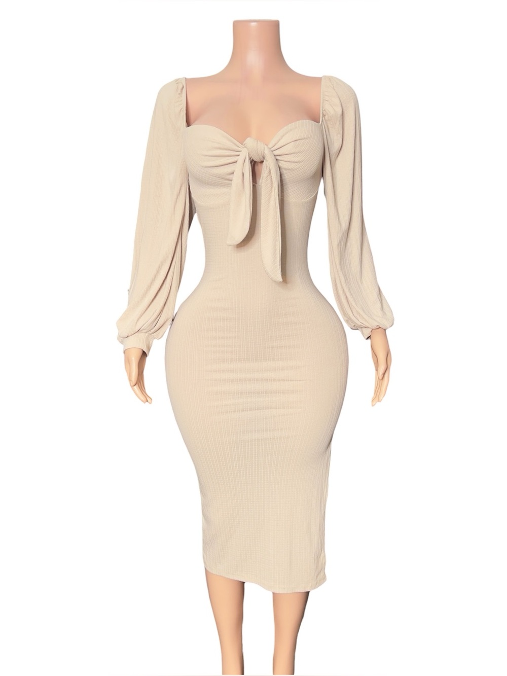Tie-Front Long Sleeve Bodycon Dress in Beige